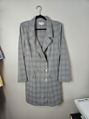 Nanette Lepore Gray Plaid Double-Breasted Blazer Coat